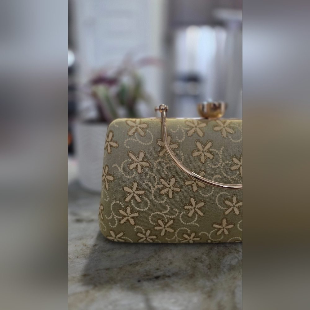 Gold Floral Box Clutch w/ Top Handle + Detachable Chain Strap - Picture 3 of 10
